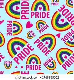 A vector seamless pattern of the words pride. Pride lesbian, gay, bisexual transgender, heart, rainbow on a blue background. Symbol of the LGBT community. For fabric, wallpaper, wrapping, websites.