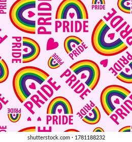 A vector seamless pattern of the words pride. Pride lesbian, gay, bisexual transgender, heart, rainbow on a pink background. Symbol of the LGBT community. For fabric, wallpaper, wrapping, websites.