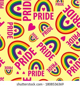 A vector seamless pattern of the words pride. Pride lesbian, gay, bisexual transgender, heart, rainbow on a yellow background. Symbol of the LGBT community. For fabric, wallpaper, wrapping, websites.