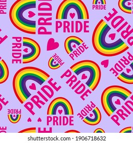 A vector seamless pattern of the words pride. Pride lesbian, gay, bisexual transgender, heart, rainbow on a lilac background. Symbol of the LGBT community. For fabric, wallpaper, wrapping, websites.