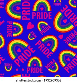 A vector seamless pattern of the words pride. Pride lesbian, gay, bisexual transgender, heart, rainbow on a electric blue background. Symbol of the LGBT community. For fabric, wallpaper, wrap, sites.