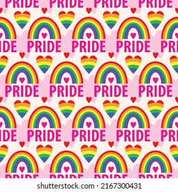 A Vector Seamless Pattern Of The Words Pride, Rainbows, Rainbow Hearts. Pride Pattern For Lesbian, Gay, Bisexual, . Symbol Of The LGBT Community. For Fabric, Wallpaper, Wrapping, Websites.