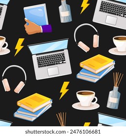 Vector seamless pattern with working elements includes laptop, books, 
headphones, cup of tea, etc.