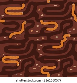 Vector seamless pattern of worms crawling in black soil. Maggots in the ground