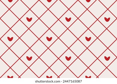 Vector seamless pattern Wrapping paper Textile Fabric typography 14 february Isolated red hearts Diagonal lines of a rhombus pastel  background Word Love day holiday Wedding Joy Simple design