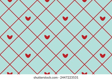 Vector seamless pattern Wrapping paper Textile Fabric typography 14 february Isolated red hearts Diagonal lines of a rhombus blue background Word Love day holiday Wedding Joy Simple design
