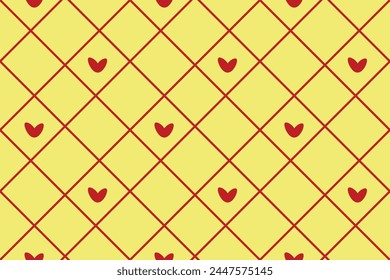 Vector seamless pattern Wrapping paper Textile Fabric typography 14 february Isolated red hearts Diagonal lines of a rhombus yellow  background Word Love day holiday Wedding Joy Simple design