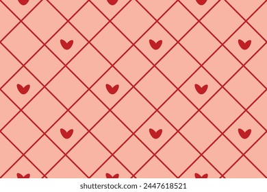 Vector seamless pattern Wrapping paper Textile Fabric typography 14 february Isolated red hearts Diagonal lines of a rhombus pink monochrome background Word Love day holiday Wedding Joy Simple design