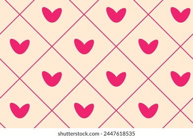 Vector seamless pattern Wrapping paper Textile Fabric typography 14 february Isolated pink hearts Diagonal lines of rhombus beige background Love day holiday Wedding Joy Simple happy design Romantic