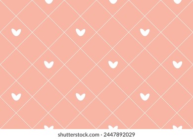 Vector seamless pattern Wrapping paper Textile Fabric typography 14 february Isolated white hearts Diagonal lines of rhombus pastel pink background Word Love day holiday Wedding Joy Simple design