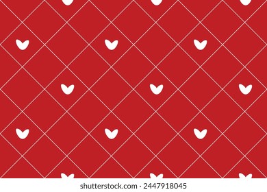 Vector seamless pattern Wrapping paper Textile Fabric typography 14 february Isolated white hearts Diagonal lines of rhombus pastel red background Word Love day holiday Wedding Joy Simple design