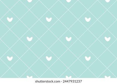 Vector patrón sin fisuras Papel de envoltura Textil Tipografía de la tela 14 de febrero Corazones blancos aislados Líneas diagonales de rombo de fondo azul pastel Día de amor de la palabra Boda de vacaciones Alegría Diseño simple