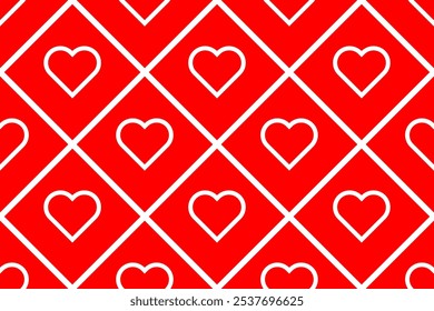 Vector seamless pattern Wrapping paper Textile Fabric typography 14 february Isolated white hearts Diagonal lines of rhomb red background Word Love day holiday Wedding Joy Simple design