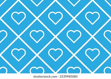 Vector seamless pattern Wrapping paper Textile Fabric typography 14 february Isolated white hearts Diagonal lines of rhomb blue background Word Love day holiday Wedding Joy Simple design