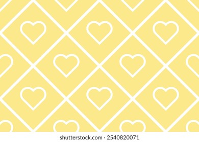 Vector seamless pattern Wrapping paper Textile Fabric typography 14 february Isolated white hearts Diagonal lines of rhomb yellow background Word Love day holiday Wedding Joy Simple design