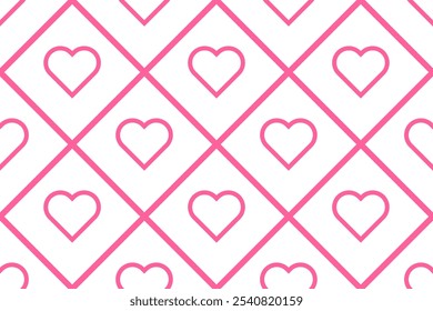 Vector seamless pattern Wrapping paper Textile Fabric typography 14 february Isolated pink hearts Diagonal magenta lines of rhomb Transparent background Word Love day holiday Wedding Joy Simple design