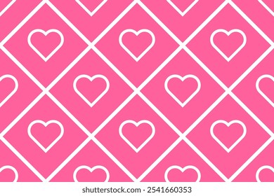 Vector seamless pattern Wrapping paper Textile Fabric typography 14 february Isolated white hearts Diagonal lines of rhomb pink background Word Love day holiday Wedding Joy Simple design