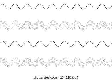 Vector sin patrón Papel de embalaje Textil Tipografía de la tela 14 febrero Fondo blanco aislado Líneas onduladas Corazones negros Día de amor Boda de vacaciones Alegría Diseño textil simple