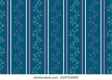 Vector seamless pattern Wrapping paper Textile Fabric typography 14 february Pink white hearts Vertical lines Green blue background Love day holiday Wedding Joy Simple design