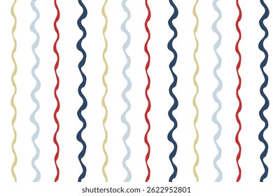 Vector seamless pattern Wrapping paper Textile Fabric typography Isolated white background Wavy blue red yellow vertical lines Simple abstract textile design Endless simple design