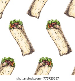 Vector seamless pattern with wraps isolated on white background. Color illustration of burrito with fresh vegetables. Hand drawn texture with  traditional mexican or arabic food