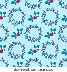 Vector seamless pattern  wreath with raspberry, flowers and leaves. Heart pattern, vector seamless background. Decorative illustration, good for printing.  
Seamless pattern wallpaper vector.