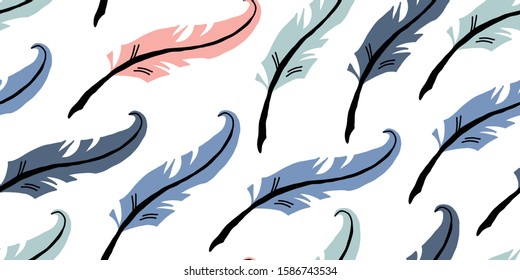 Vector seamless pattern with writing feathers in Scandinavian style on white background. Cute boho print perfect for textile, clothing, fabrics