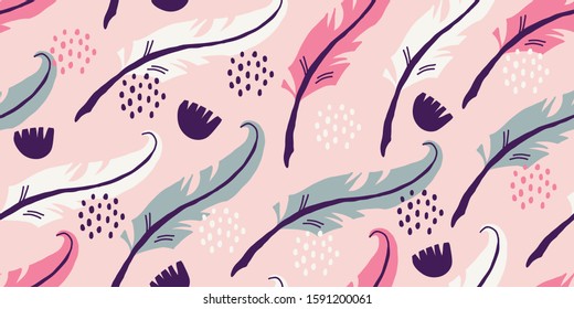 Vector seamless pattern with writing feathers in Scandinavian style on pink background. Cute boho print perfect for textile, clothing, fabrics. Seamless pattern for girls.