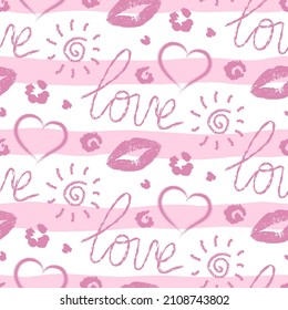 Vector seamless pattern. Written red lipstick printing. Repeating lettering, heart, lips prints. Repeated background. Beauty backdrop. Design with symbols love for printed. Texture romantic concept