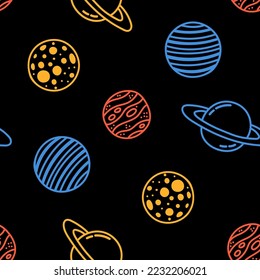 Vector seamless pattern wtih colorful planets and black background