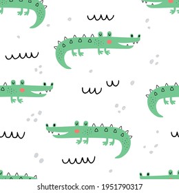 vector seamless pattern wtih crorodiles, alligator seamless repeat, children print