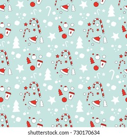 Vector seamless pattern with xmas inspired things: sweets, snowballs, stars and decorations. Perfect stuff for wrapping paper, party invitations etc.