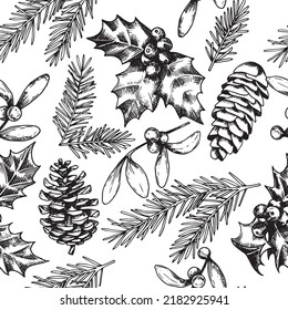 vector seamless pattern xmas, xmas plants. vintage graphics, retro style, sketch. holly, mistletoe, tree branches and cones