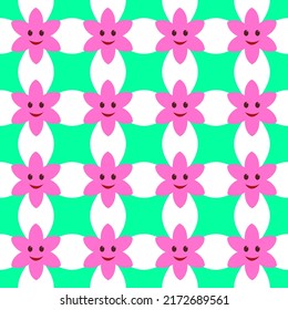 Vector seamless pattern of Y2K Cute Funny Flower with smiling faces.  Happy Positive. 70s, 80s, 90s vibes stickers. Retro style. Patches Collection. Repeat Stock illustration. Cartoon funky print.