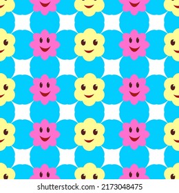 Vector seamless pattern of Y2K Cute Funny Flower with smiling faces.  Happy Positive. 70s, 80s, 90s vibes stickers. Retro style. Patches Collection. Repeat Stock illustration. Cartoon funky print.