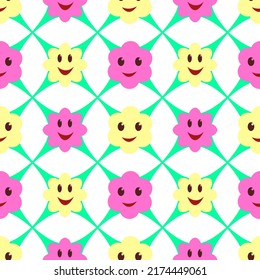 Vector seamless pattern of Y2K Cute Funny Flower with smiling faces.  Happy Positive. 70s, 80s, 90s vibes stickers. Retro style. Patches Collection. Repeat Stock illustration. Cartoon funky print.