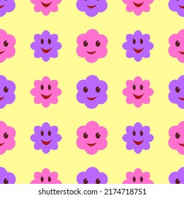 Vector seamless pattern of Y2K Cute Funny Flower with smiling faces.  Happy Positive. 70s, 80s, 90s vibes stickers. Retro style. Patches Collection. Repeat Stock illustration. Cartoon funky print.