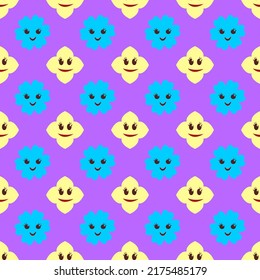 Vector seamless pattern of Y2K Cute Funny Flower with smiling faces.  Happy Positive. 70s, 80s, 90s vibes stickers. Retro style. Patches Collection. Repeat Stock illustration. Cartoon funky print.
