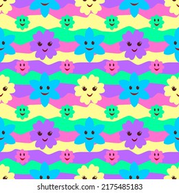Vector seamless pattern of Y2K Cute Funny Flower with smiling faces.  Happy Positive. 70s, 80s, 90s vibes stickers. Retro style. Patches Collection. Repeat Stock illustration. Cartoon funky print.