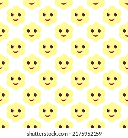 Vector seamless pattern of Y2K Cute Funny Flower with smiling faces.  Happy Positive. 70s, 80s, 90s vibes stickers. Retro style. Patches Collection. Repeat Stock illustration. Cartoon funky print.