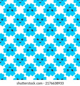 Vector seamless pattern of Y2K Cute Funny Flower with smiling faces.  Happy Positive. 70s, 80s, 90s vibes stickers. Retro style. Patches Collection. Repeat Stock illustration. Cartoon funky print.