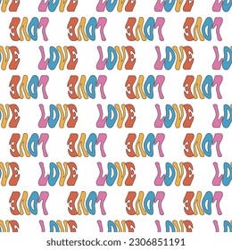 Vector seamless pattern -Y2k groovy quote LOVE lettering. Funky retro aesthetic prints for modern fabric design with melting organic shapes.