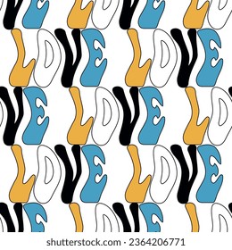 Vector seamless pattern -Y2k groovy quote LOVE lettering. Funky retro aesthetic prints for modern fabric design with melting organic shapes.