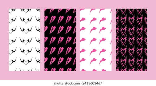 Vector seamless pattern with Y2k icons or stickers with hearts for St Valentine's Day. Brutalist design tattoo compositions or prints. Psychedelic style