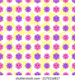 Vector seamless pattern of Y2K in Retro style. Vintage Psychedelic. Groovy curvy. Happy Positive. 70s, 80s, 90s vibes. Hypnotic pattern.
Repeat print. Groovy hippie chessboard pattern.