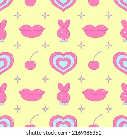 Vector seamless pattern in y2k style. Nostalgia for the 2000 years. Heart, stars, lip, cherry, hare in pink, blue and yellow colors.