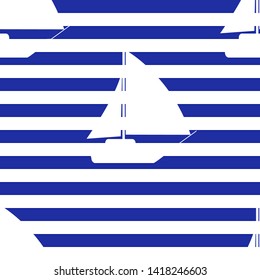 Vector of seamless pattern with yacht on striped background.Blue and white