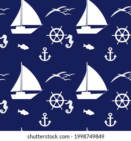 Vector of seamless pattern with yachts,seahorse,fishes and anchor