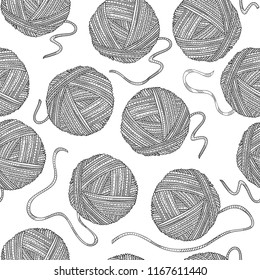 Vector seamless pattern with yarn balls in boho style. Can be printed and used as wrapping paper, wallpaper, textile, fabric, coloring page