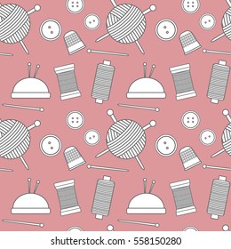 Vector seamless pattern with yarn, buttons, thread and needles. Background for needlework site. Needlework icons. Handmade.